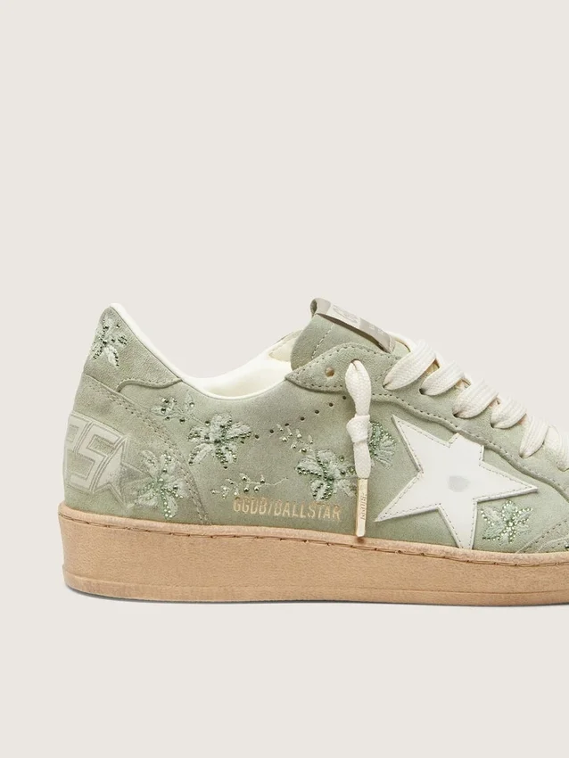 Women’s Ball Star in sage-green suede with white leather star and tone-on-tone Swarovski floral embroidery
