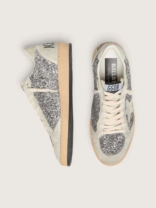 Women’s Ball Star in silver glitter with ice-gray suede inserts