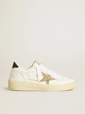 Women’s Ball Star in white leather with gold glitter star and black glitter heel tab