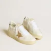 Women’s Ball Star in white leather with gold glitter star and black glitter heel tab