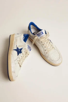 Women’s Ball Star in white nappa with bright blue metallic leather star and heel tab