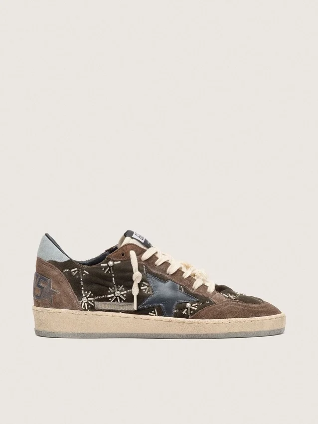 Women's Ball Star LAB in brown matelassé velvet with rhinestones and black leather star