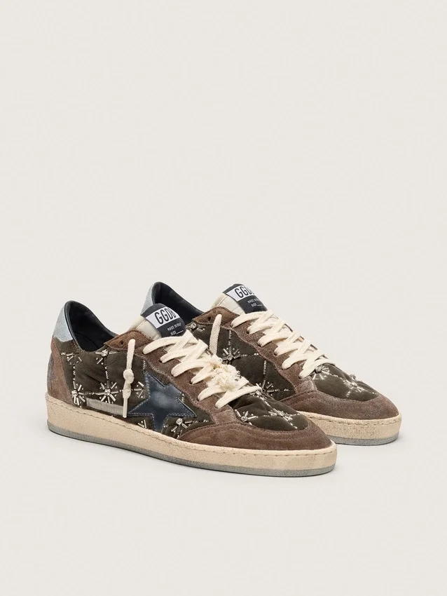Women's Ball Star LAB in brown matelassé velvet with rhinestones and black leather star