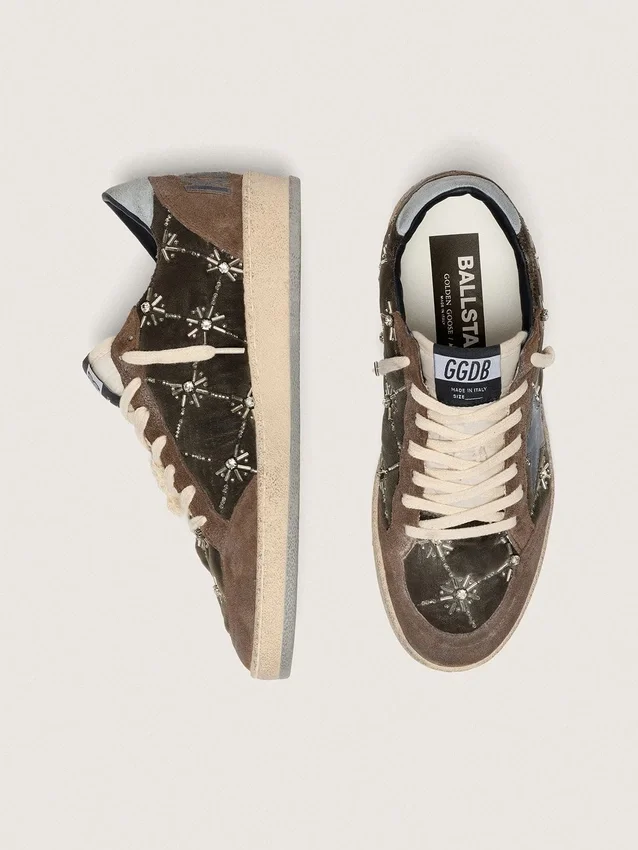 Women's Ball Star LAB in brown matelassé velvet with rhinestones and black leather star