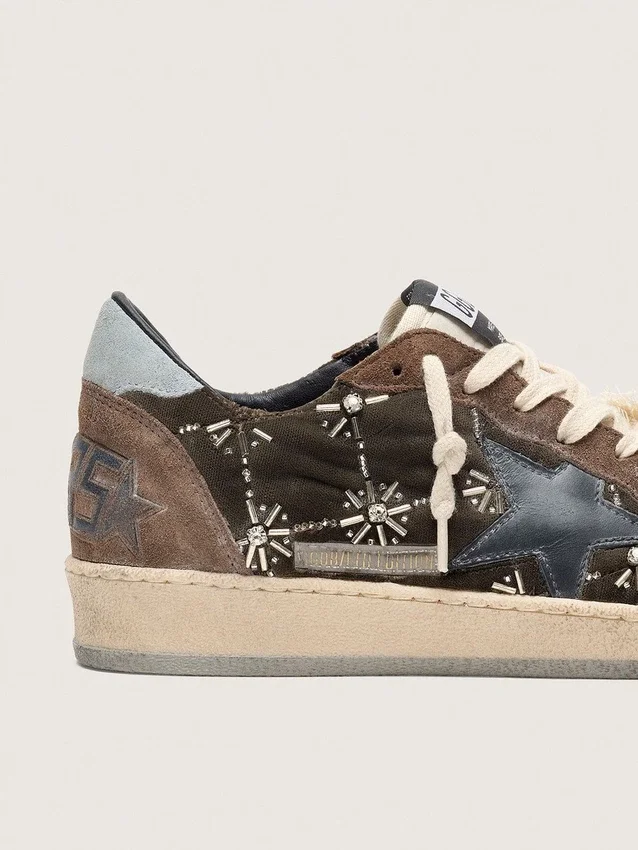 Women's Ball Star LAB in brown matelassé velvet with rhinestones and black leather star