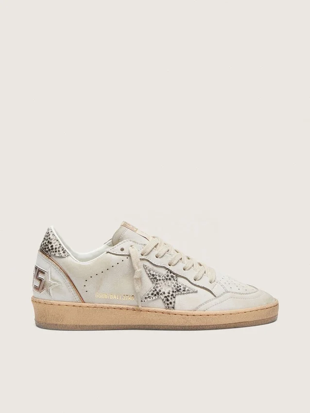 Women’s Ball Star LTD in white leather with animal-print pony skin star