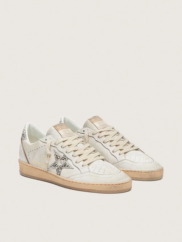 Women’s Ball Star LTD in white leather with animal-print pony skin star