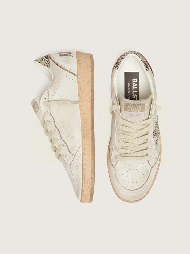 Women’s Ball Star LTD in white leather with animal-print pony skin star
