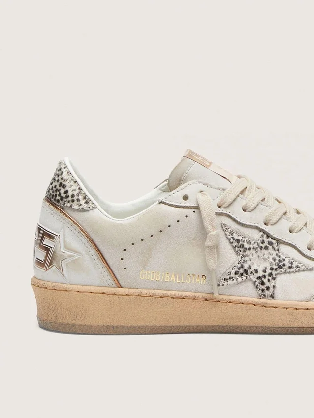 Women’s Ball Star LTD in white leather with animal-print pony skin star