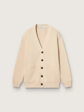 Women’s beige cardigan with 'Golden' lettering on the back