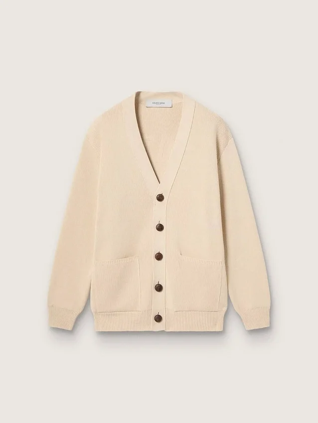 Women’s beige cardigan with 'Golden' lettering on the back