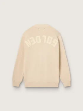 Women’s beige cardigan with ‘Golden’ lettering on the back