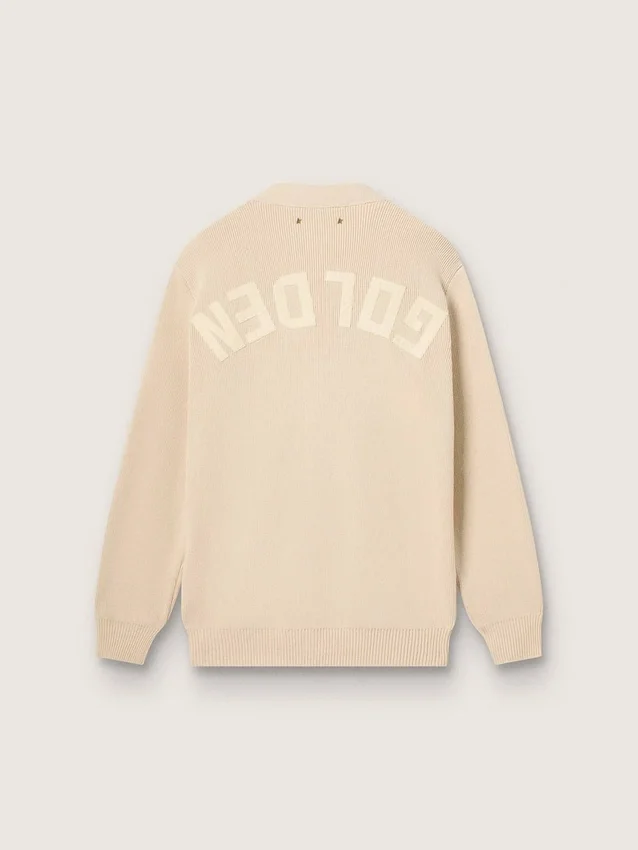 Women’s beige cardigan with 'Golden' lettering on the back