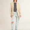 Women’s beige cardigan with 'Golden' lettering on the back