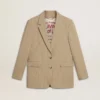 Women's beige pinstripe single-breasted jacket with an oversized fit