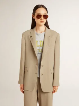 Women’s beige pinstripe single-breasted jacket with an oversized fit