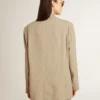 Women's beige pinstripe single-breasted jacket with an oversized fit