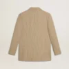 Women's beige pinstripe single-breasted jacket with an oversized fit