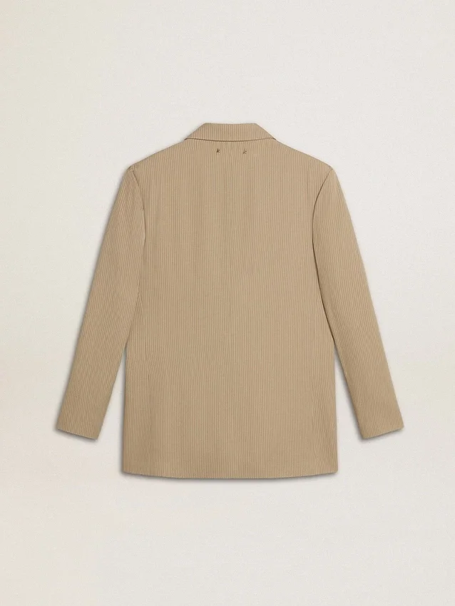 Women's beige pinstripe single-breasted jacket with an oversized fit