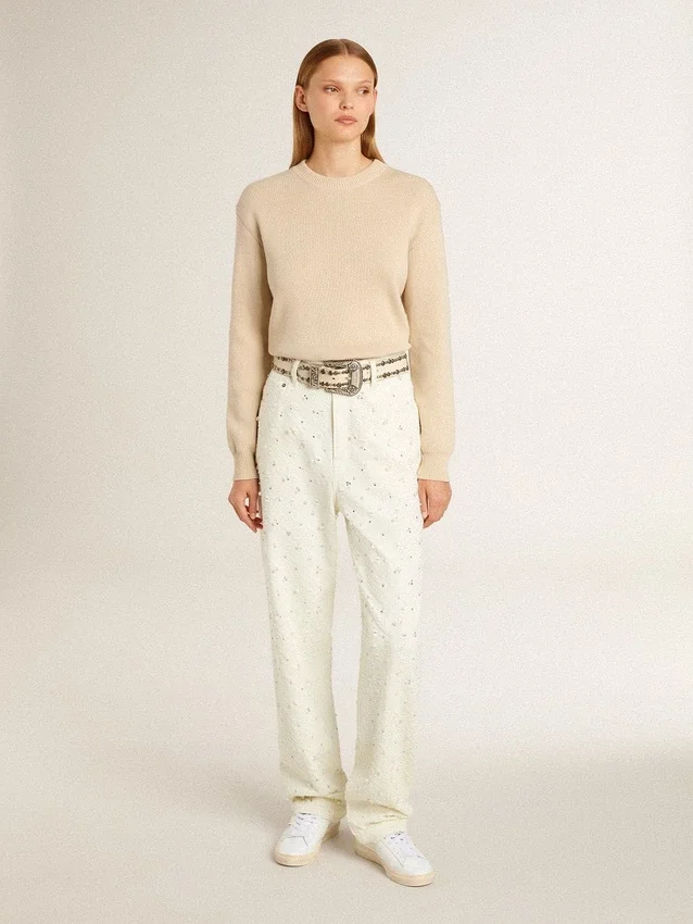 Women's beige sweater with 'Golden' lettering on the back
