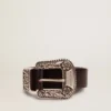 Women's belt in black leather with silver decorated buckle