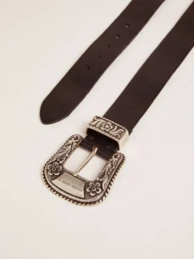 Women’s belt in black leather with silver decorated buckle