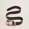 Women's belt in black leather with silver decorated buckle