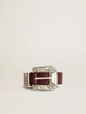 Women’s belt in burgundy leather with decorated silver buckle