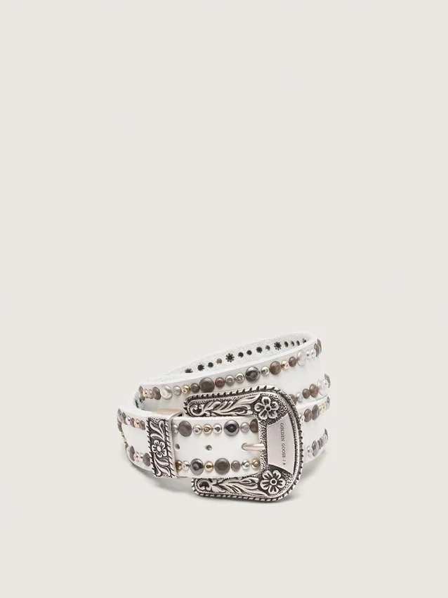 Women's belt in white leather with colored studs