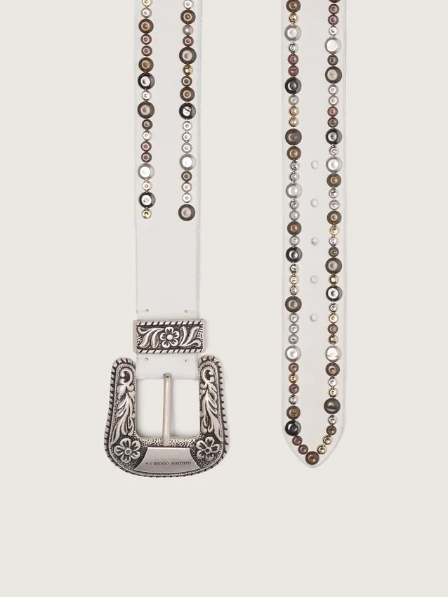 Women's belt in white leather with colored studs