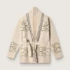 Women's belted cardigan in beige wool blend with contrast embroidery
