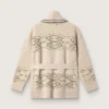 Women's belted cardigan in beige wool blend with contrast embroidery