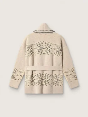 Women’s belted cardigan in beige wool blend with contrast embroidery