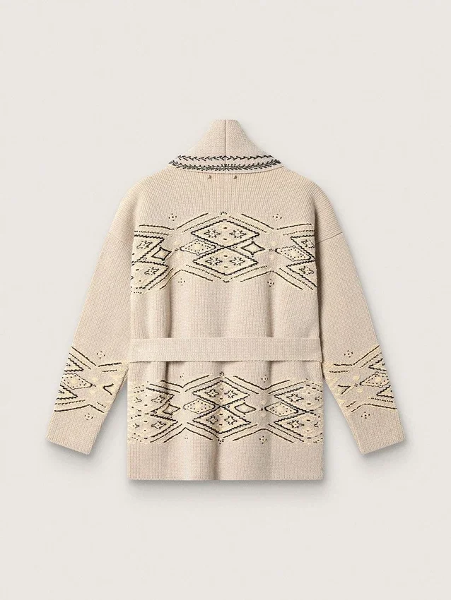 Women's belted cardigan in beige wool blend with contrast embroidery