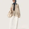 Women's belted cardigan in beige wool blend with contrast embroidery