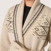 Women's belted cardigan in beige wool blend with contrast embroidery