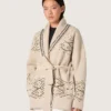 Women's belted cardigan in beige wool blend with contrast embroidery