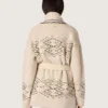 Women's belted cardigan in beige wool blend with contrast embroidery