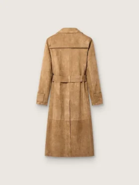 Women’s belted trench coat in sand-colored suede