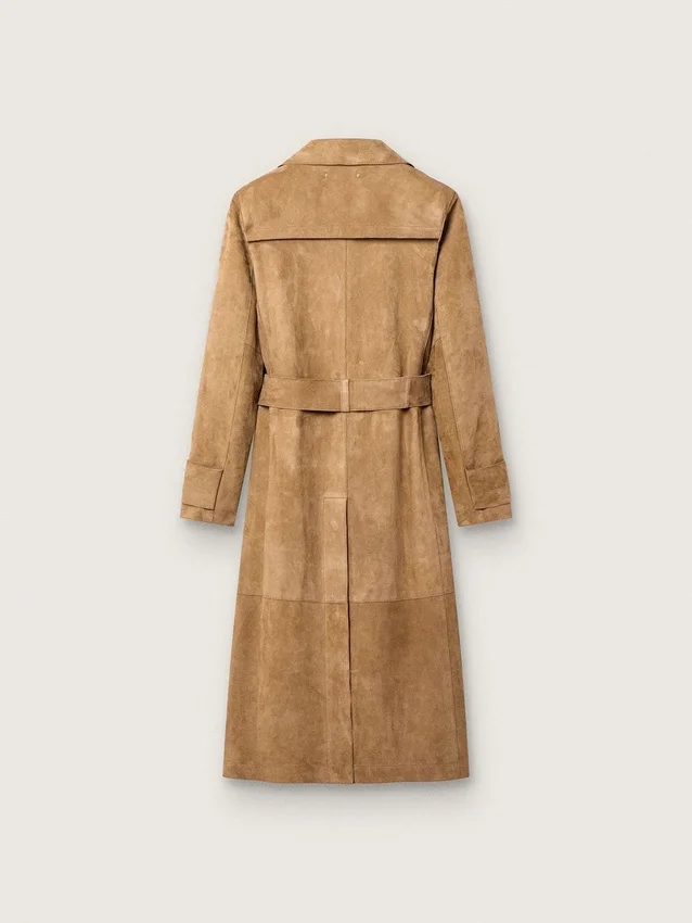 Women's belted trench coat in sand-colored suede