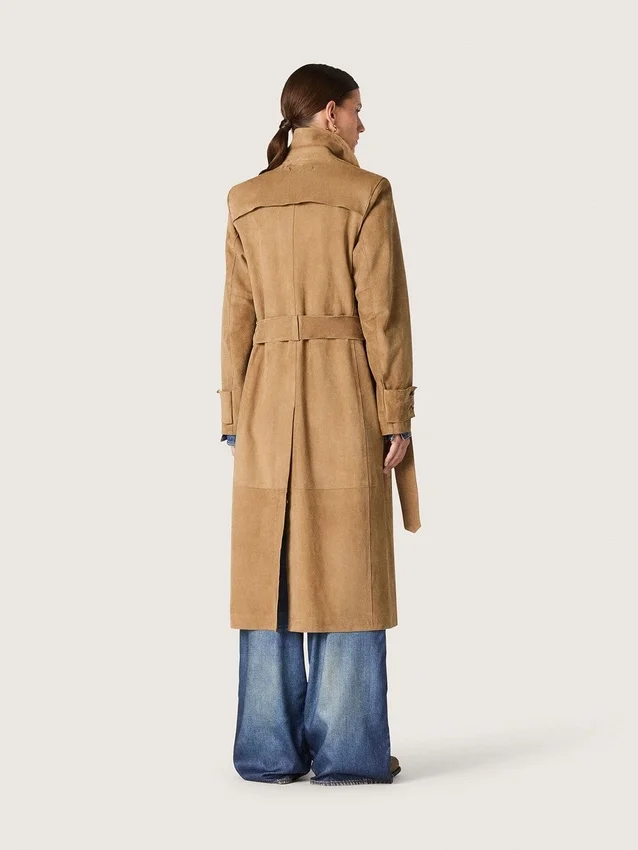 Women's belted trench coat in sand-colored suede