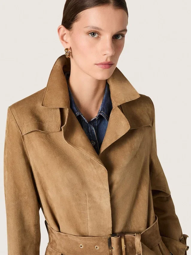 Women's belted trench coat in sand-colored suede