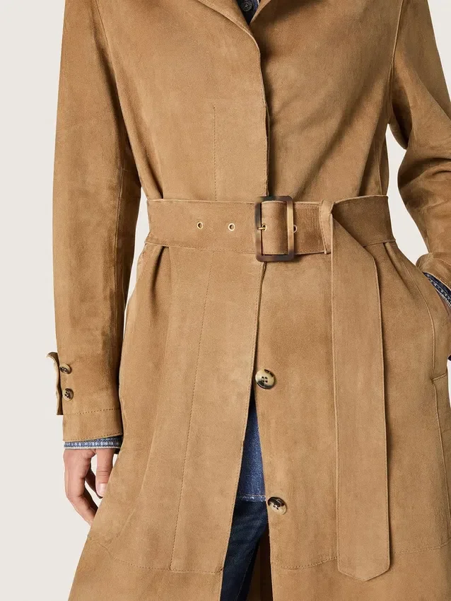 Women's belted trench coat in sand-colored suede