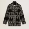 Women’s black cardigan with belt and crystals