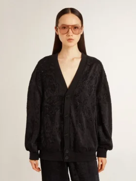 Women’s black cardigan with tone-on-tone toile de jouy bead embroidery