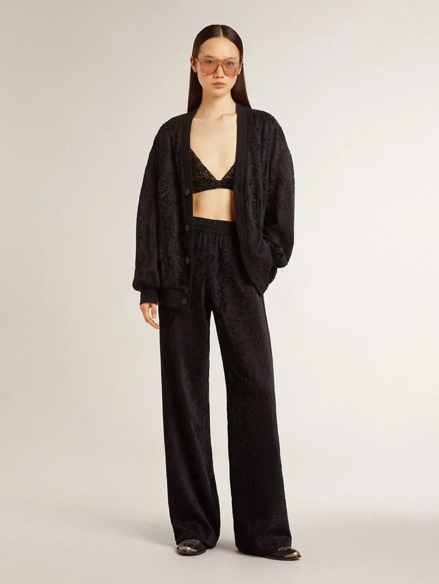 Women's black cardigan with tone-on-tone toile de jouy bead embroidery