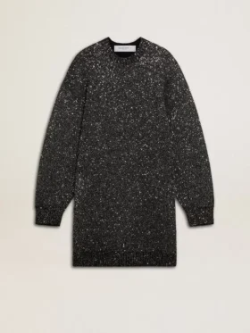 Women's black crew neck dress with all-over silver sequins