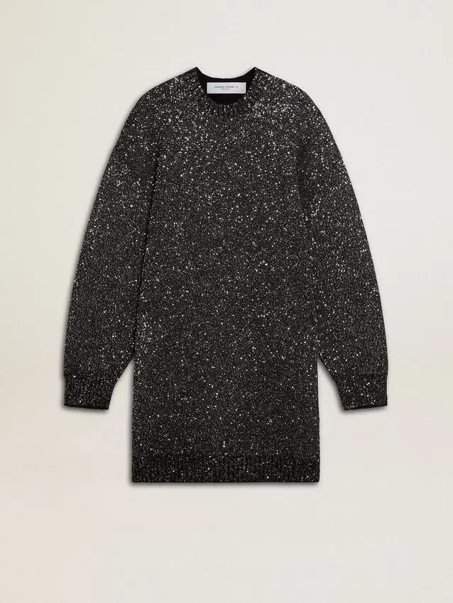 Women's black crew neck dress with all-over silver sequins
