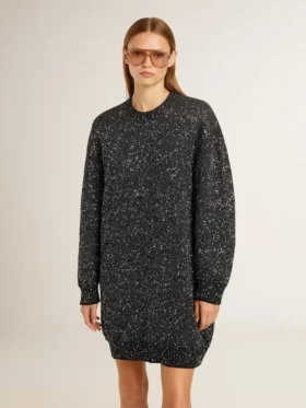 Women’s black crew neck dress with all-over silver sequins