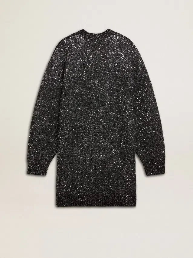 Women's black crew neck dress with all-over silver sequins